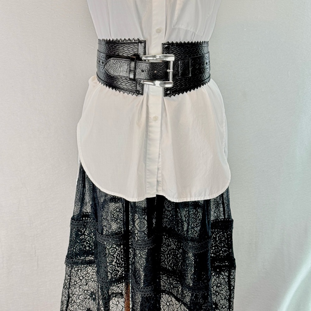 LeatherRock - women’s wide black genuine leather‎ waist Belt silver buckle S /M